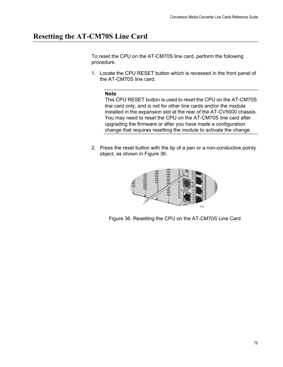 Resetting the at-cm70s line card | Allied Telesis AT-CM70S User Manual | Page 79 / 136