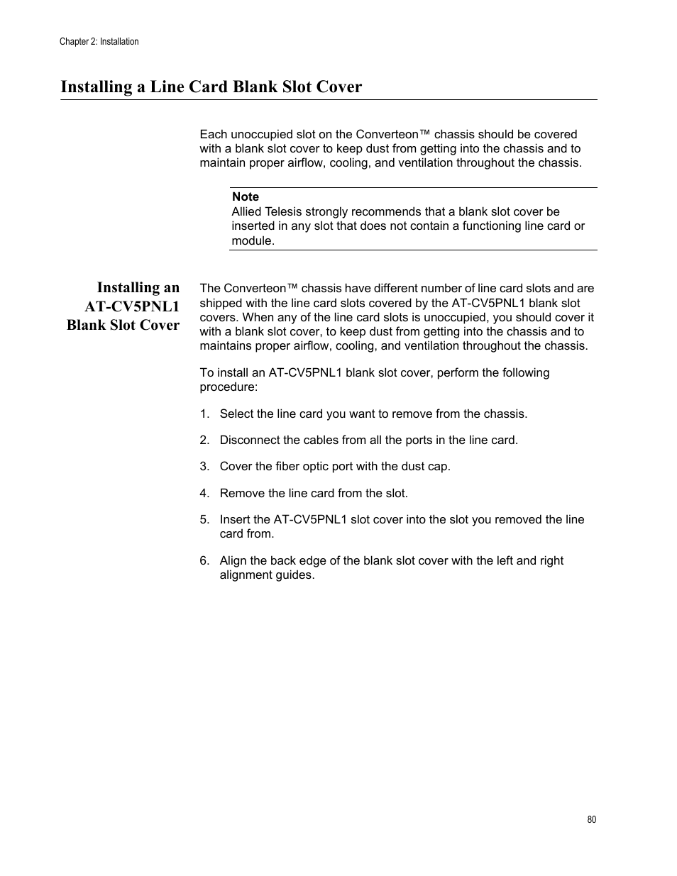 Installing a line card blank slot cover, Installing an at-cv5pnl1 blank slot cover | Allied Telesis AT-CM70S User Manual | Page 80 / 136