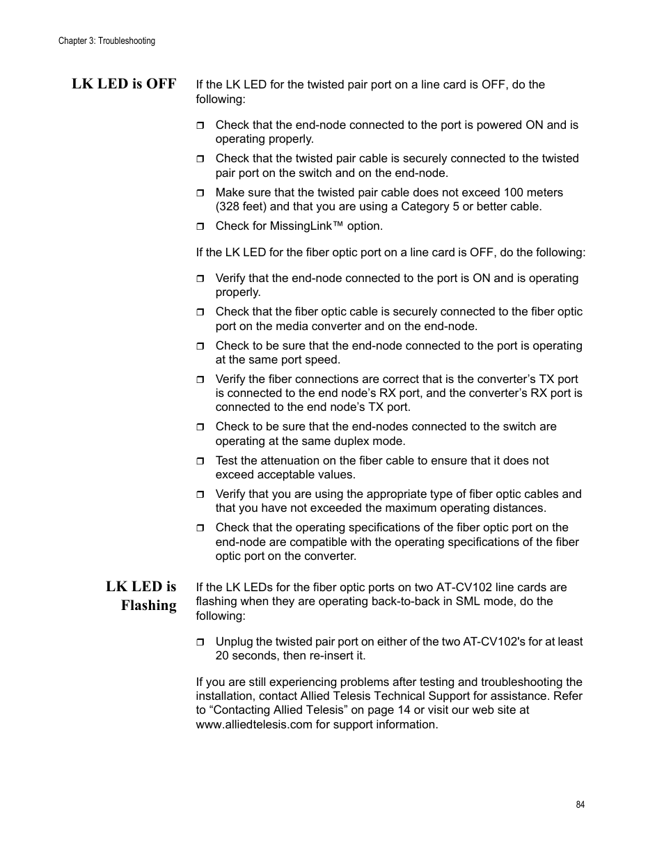 Lk led is off, Lk led is flashing, Lk led is off lk led is flashing | Allied Telesis AT-CM70S User Manual | Page 84 / 136