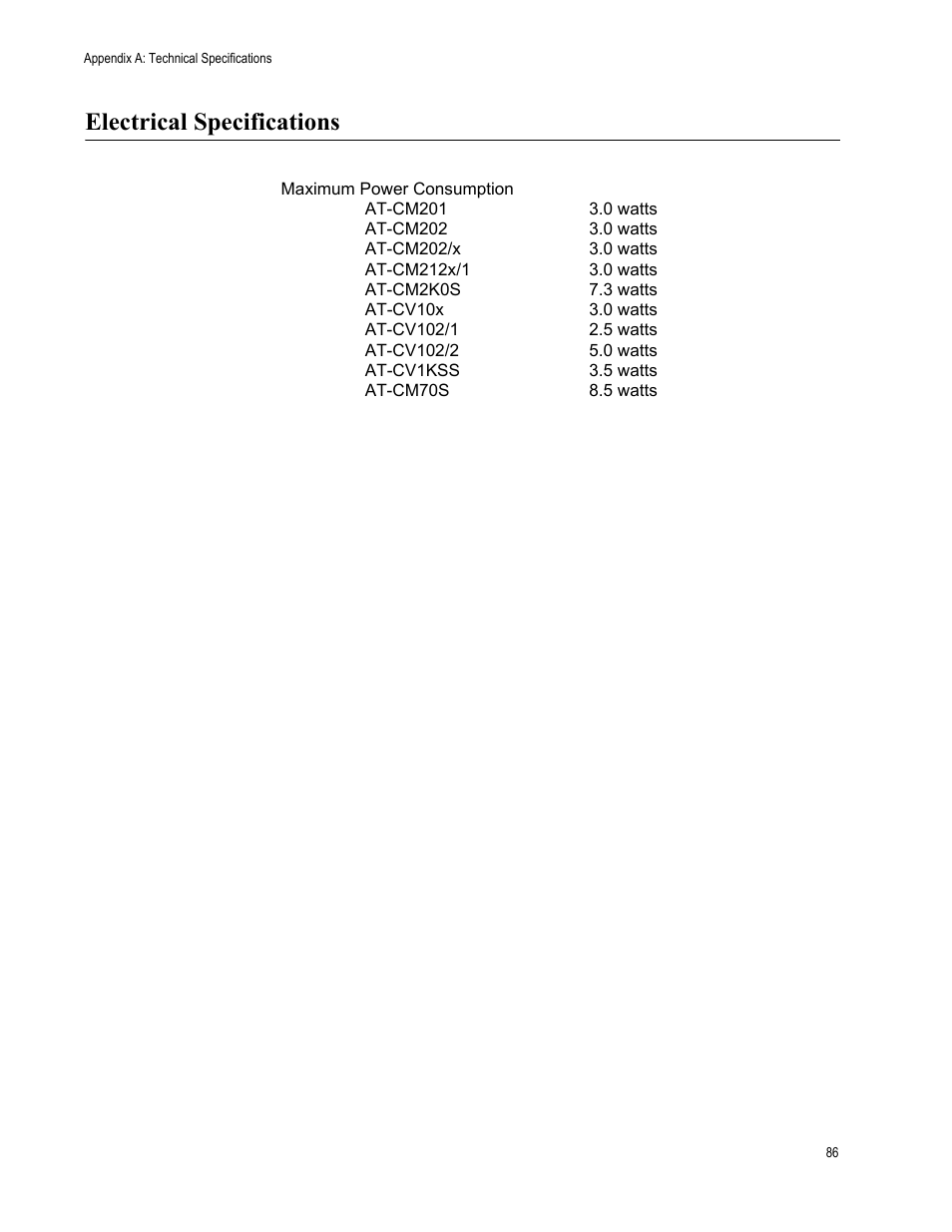 Electrical specifications | Allied Telesis AT-CM70S User Manual | Page 86 / 136