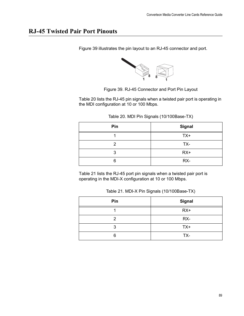 Rj-45 twisted pair port pinouts, Figure 39. rj-45 connector and port pin layout | Allied Telesis AT-CM70S User Manual | Page 89 / 136