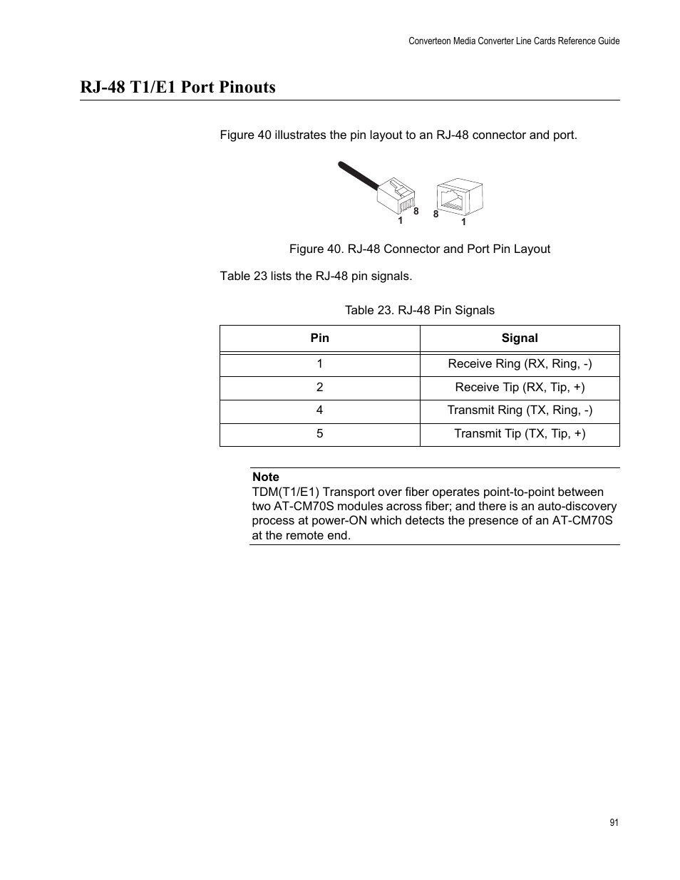 Rj-48 t1/e1 port pinouts, Figure 40. rj-48 connector and port pin layout, Table 23. rj-48 pin signals | Allied Telesis AT-CM70S User Manual | Page 91 / 136