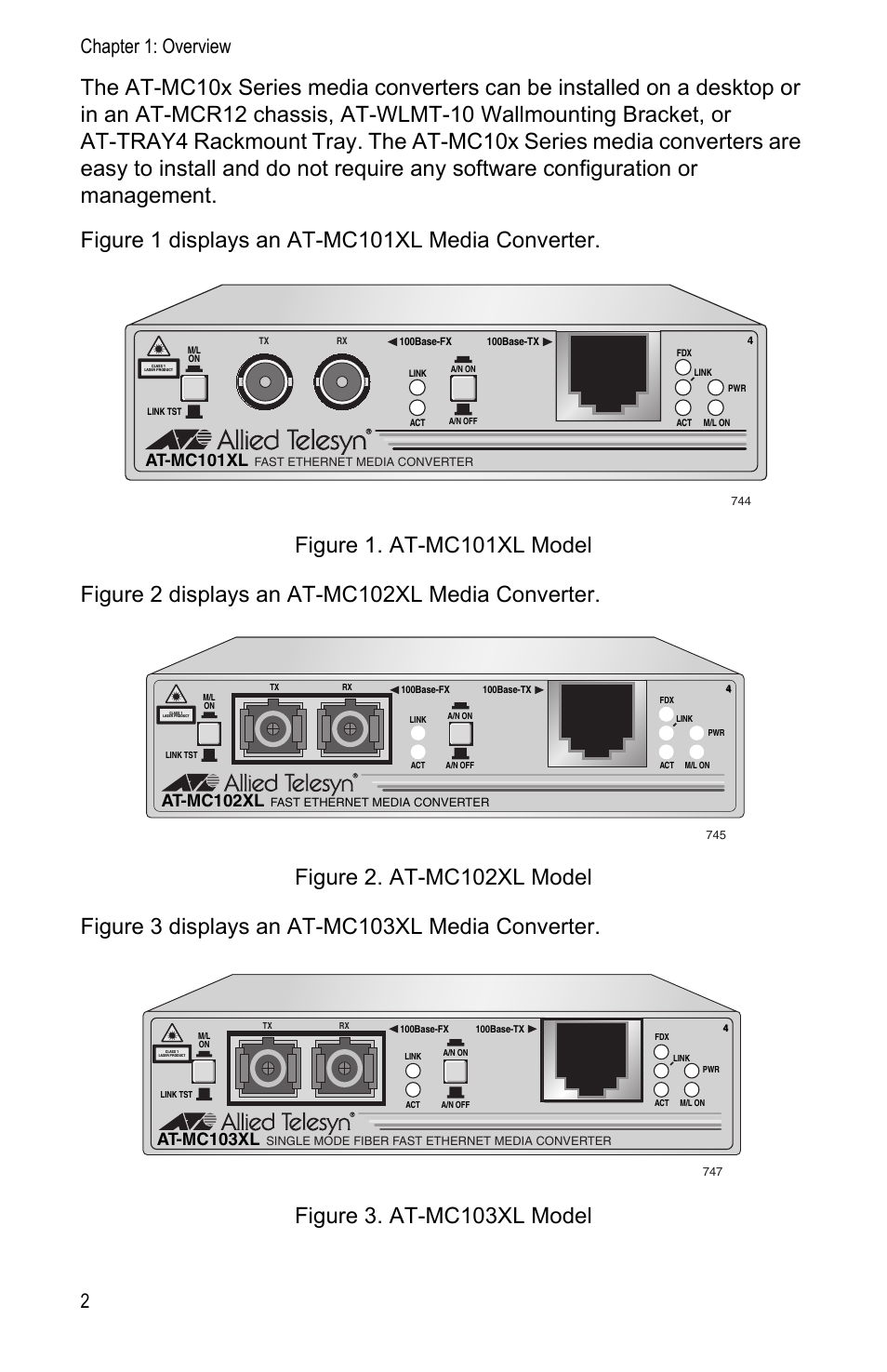 Chapter 1: overview 2, At-mc101xl, At-mc102xl | At-mc103xl | Allied Telesis AT-MC104LH User Manual | Page 12 / 84