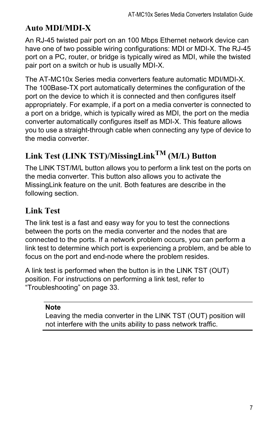 Auto mdi/mdi-x, Link test (link tst)/missinglinktm (m/l) button, Link test | Link test (link tst)/missinglink, M/l) button | Allied Telesis AT-MC104LH User Manual | Page 17 / 84