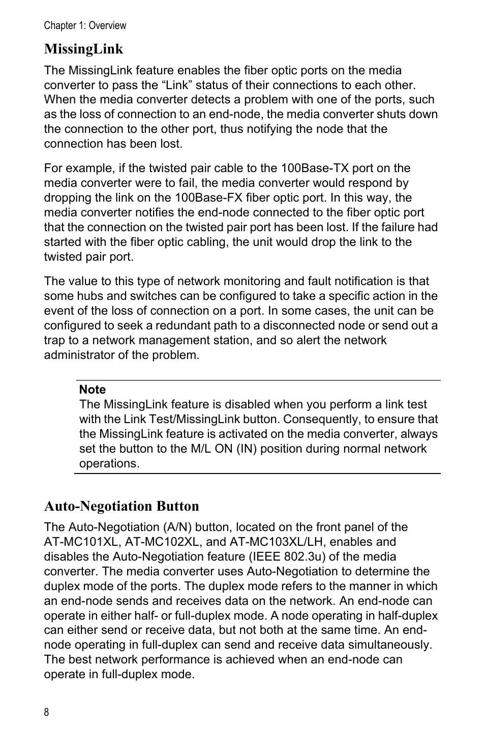 Missinglink, Auto-negotiation button | Allied Telesis AT-MC104LH User Manual | Page 18 / 84