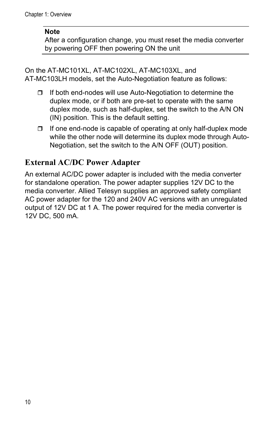 External ac/dc power adapter | Allied Telesis AT-MC104LH User Manual | Page 20 / 84