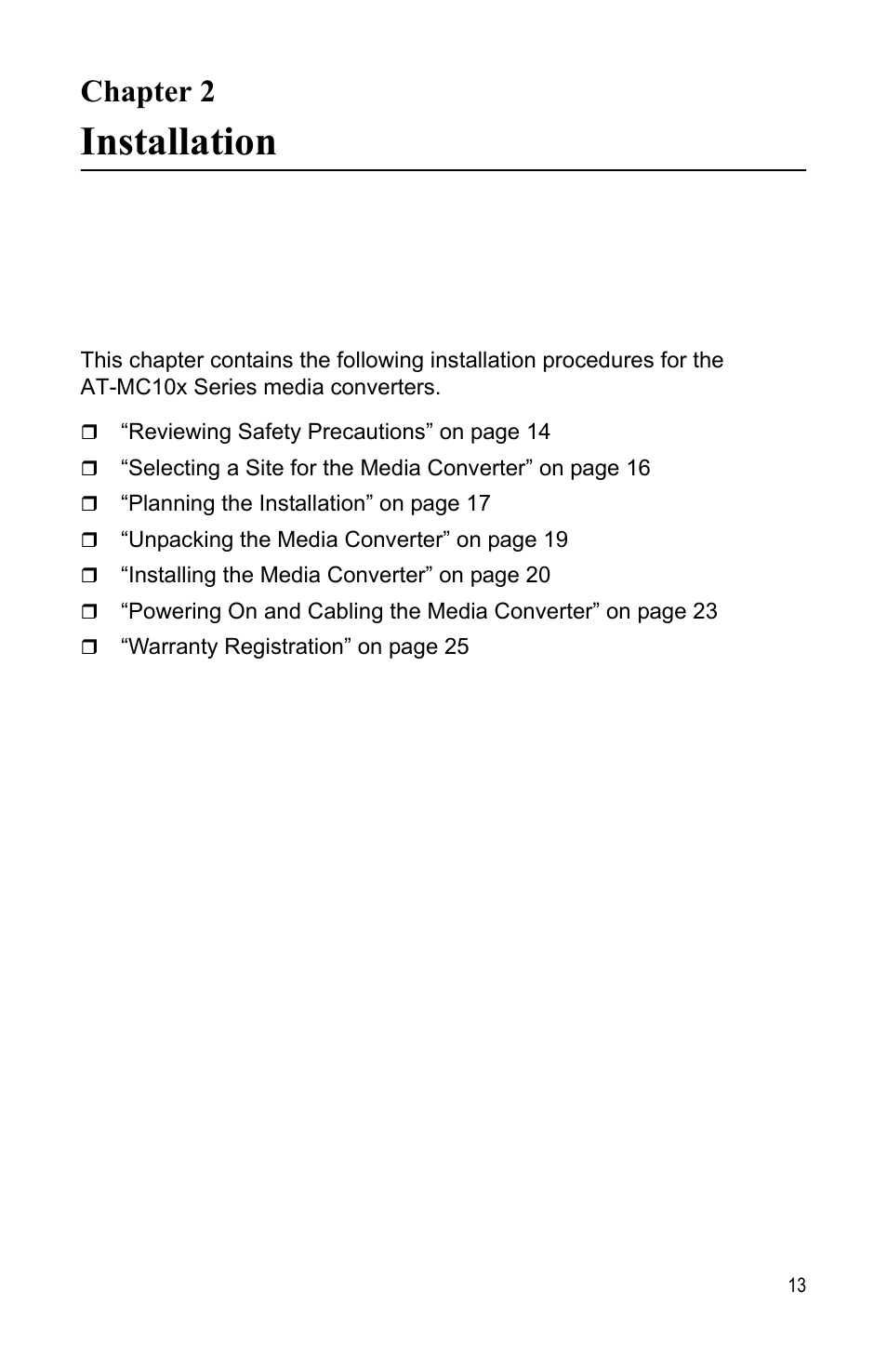 Chapter 2, Installation, Chapter 2 installation | Allied Telesis AT-MC104LH User Manual | Page 23 / 84
