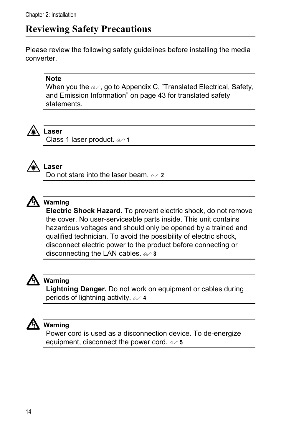 Reviewing safety precautions | Allied Telesis AT-MC104LH User Manual | Page 24 / 84