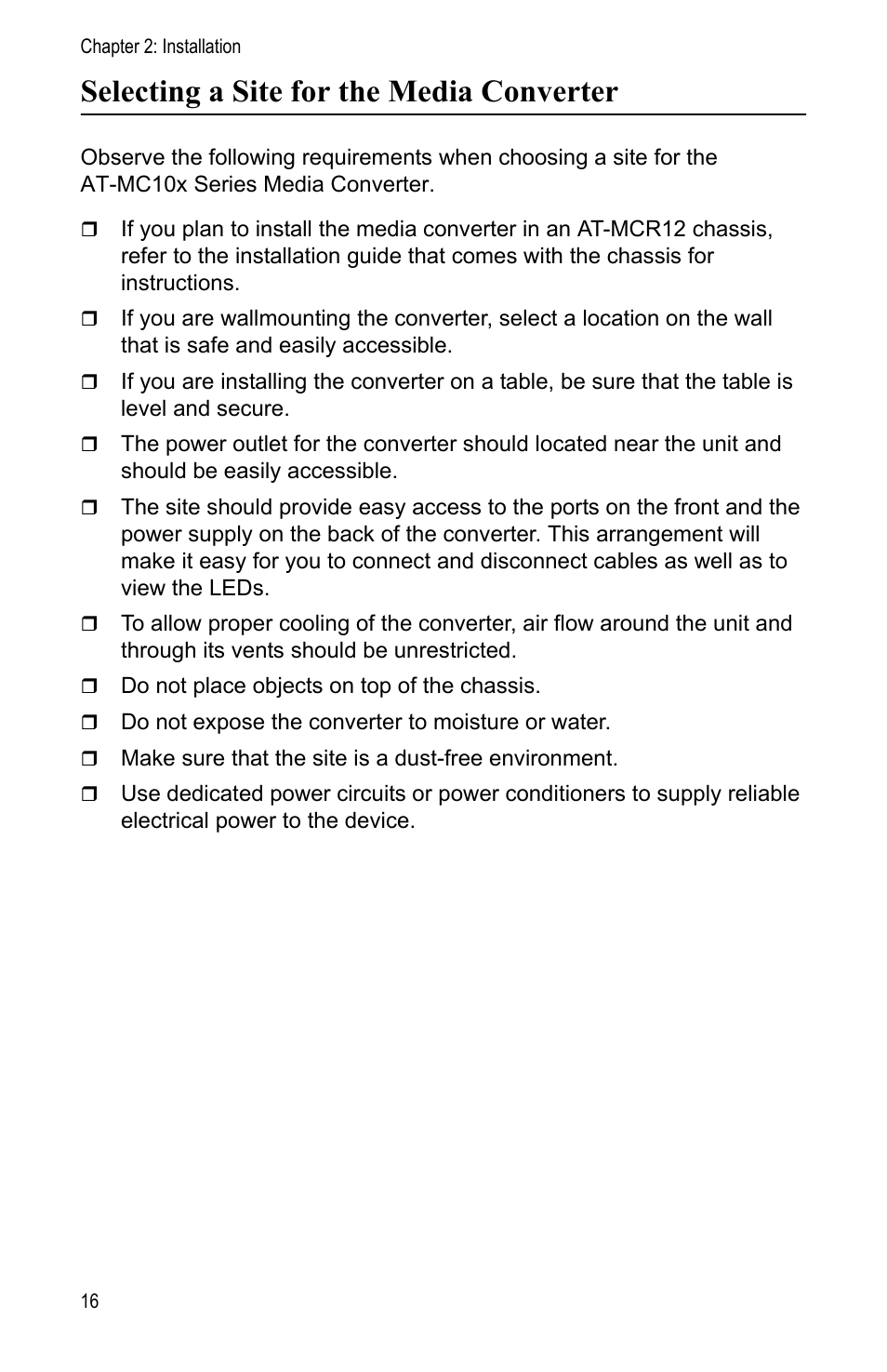 Selecting a site for the media converter | Allied Telesis AT-MC104LH User Manual | Page 26 / 84
