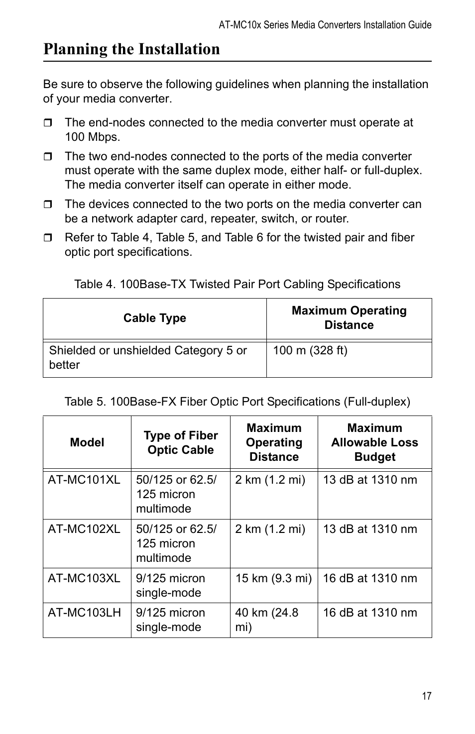 Planning the installation | Allied Telesis AT-MC104LH User Manual | Page 27 / 84