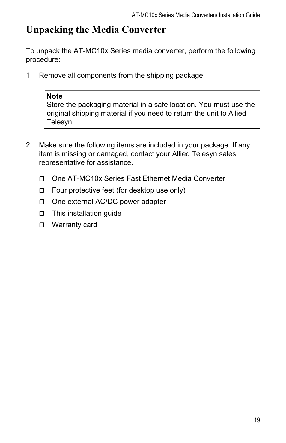 Unpacking the media converter | Allied Telesis AT-MC104LH User Manual | Page 29 / 84