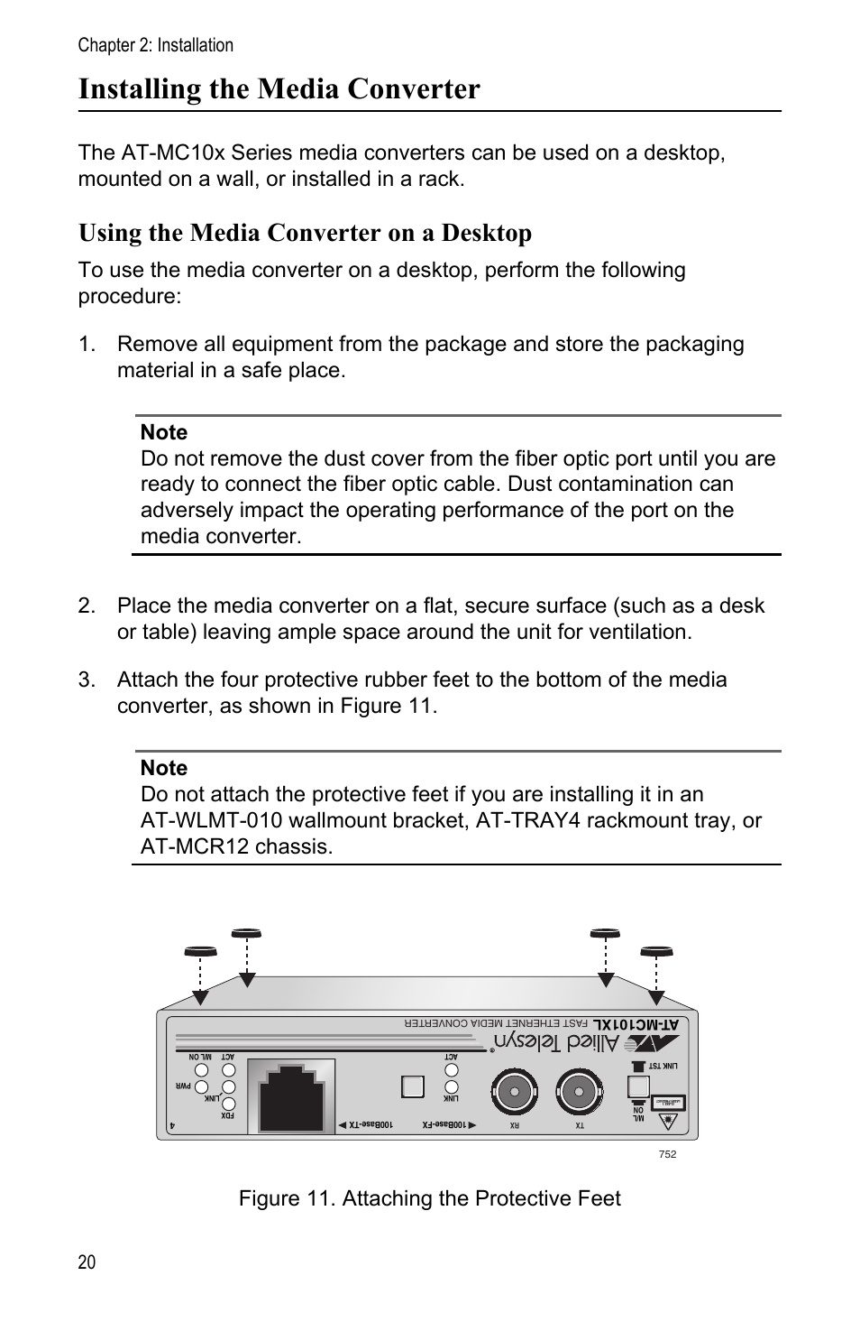 Installing the media converter, Using the media converter on a desktop, Chapter 2: installation 20 | Allied Telesis AT-MC104LH User Manual | Page 30 / 84
