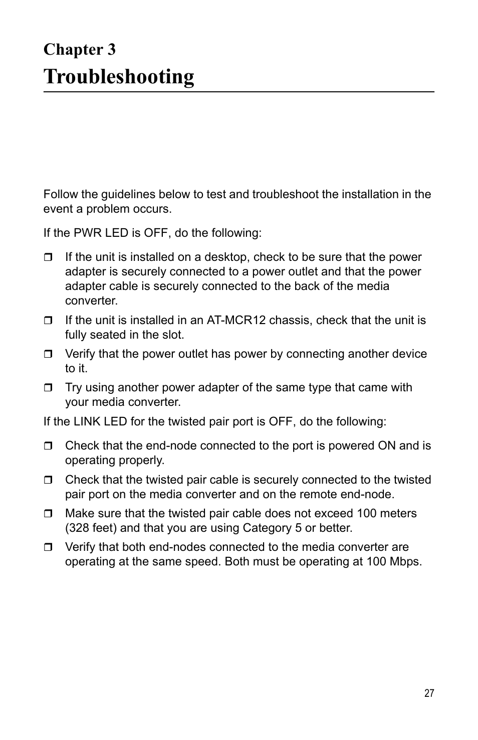 Chapter 3, Troubleshooting, Chapter 3 troubleshooting | Allied Telesis AT-MC104LH User Manual | Page 37 / 84