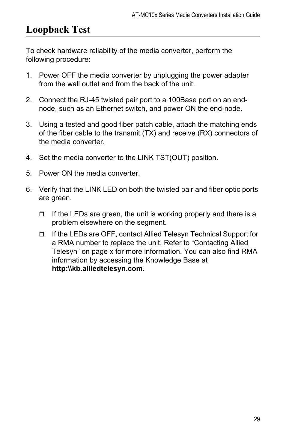 Loopback test | Allied Telesis AT-MC104LH User Manual | Page 39 / 84