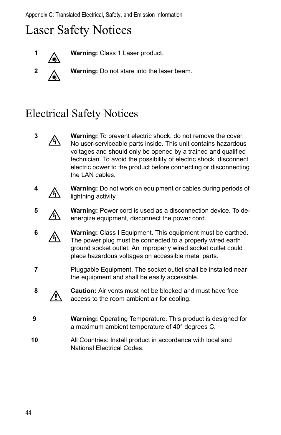 Electrical safety notices, Laser safety notices | Allied Telesis AT-MC104LH User Manual | Page 54 / 84