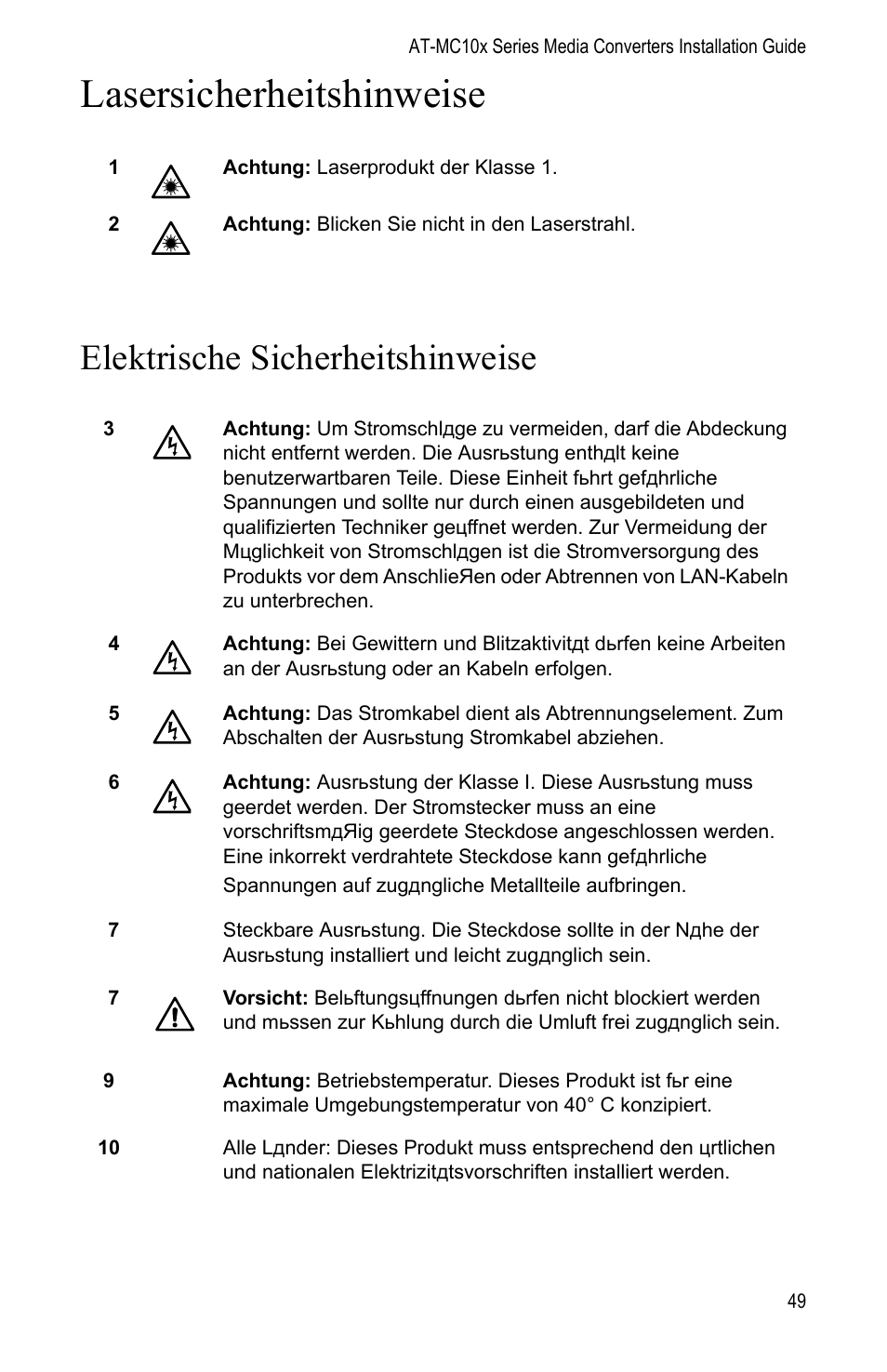 Elektrische sicherheitshinweise, Lasersicherheitshinweise | Allied Telesis AT-MC104LH User Manual | Page 59 / 84