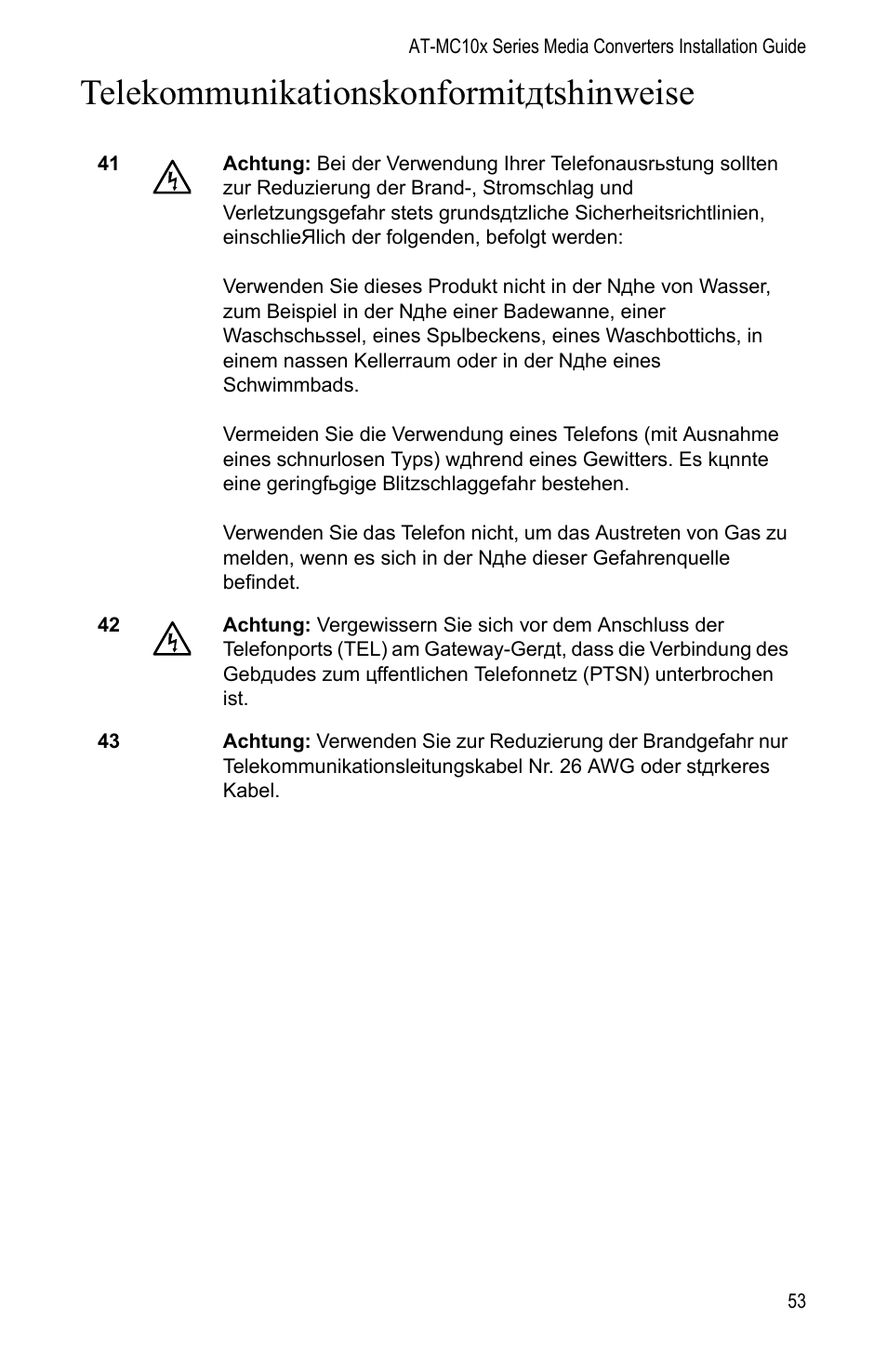 Telekommunikationskonformitätshinweise, Telekommunikationskonformitдtshinweise | Allied Telesis AT-MC104LH User Manual | Page 63 / 84