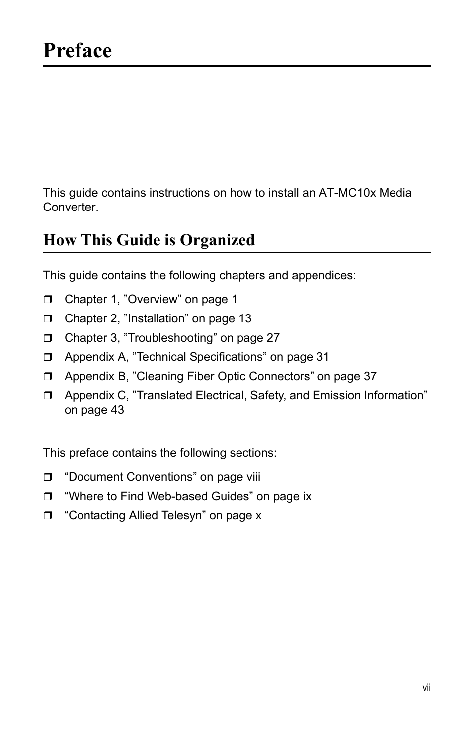 Preface, How this guide is organized | Allied Telesis AT-MC104LH User Manual | Page 7 / 84
