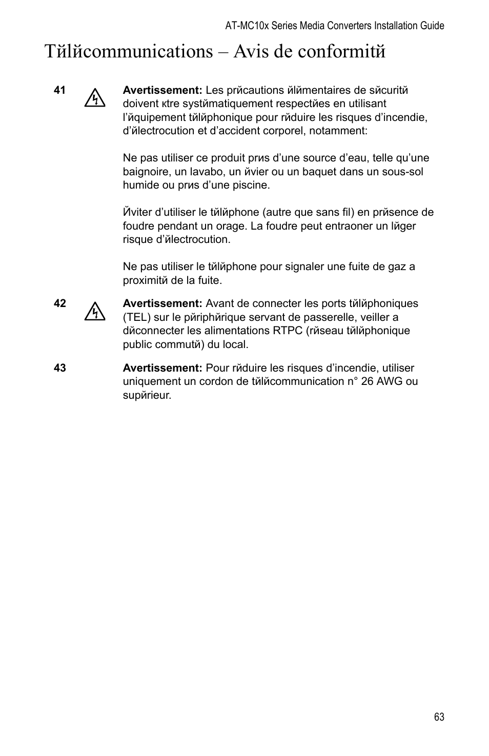 Télécommunications - avis de conformité, Tйlйcommunications – avis de conformitй | Allied Telesis AT-MC104LH User Manual | Page 73 / 84