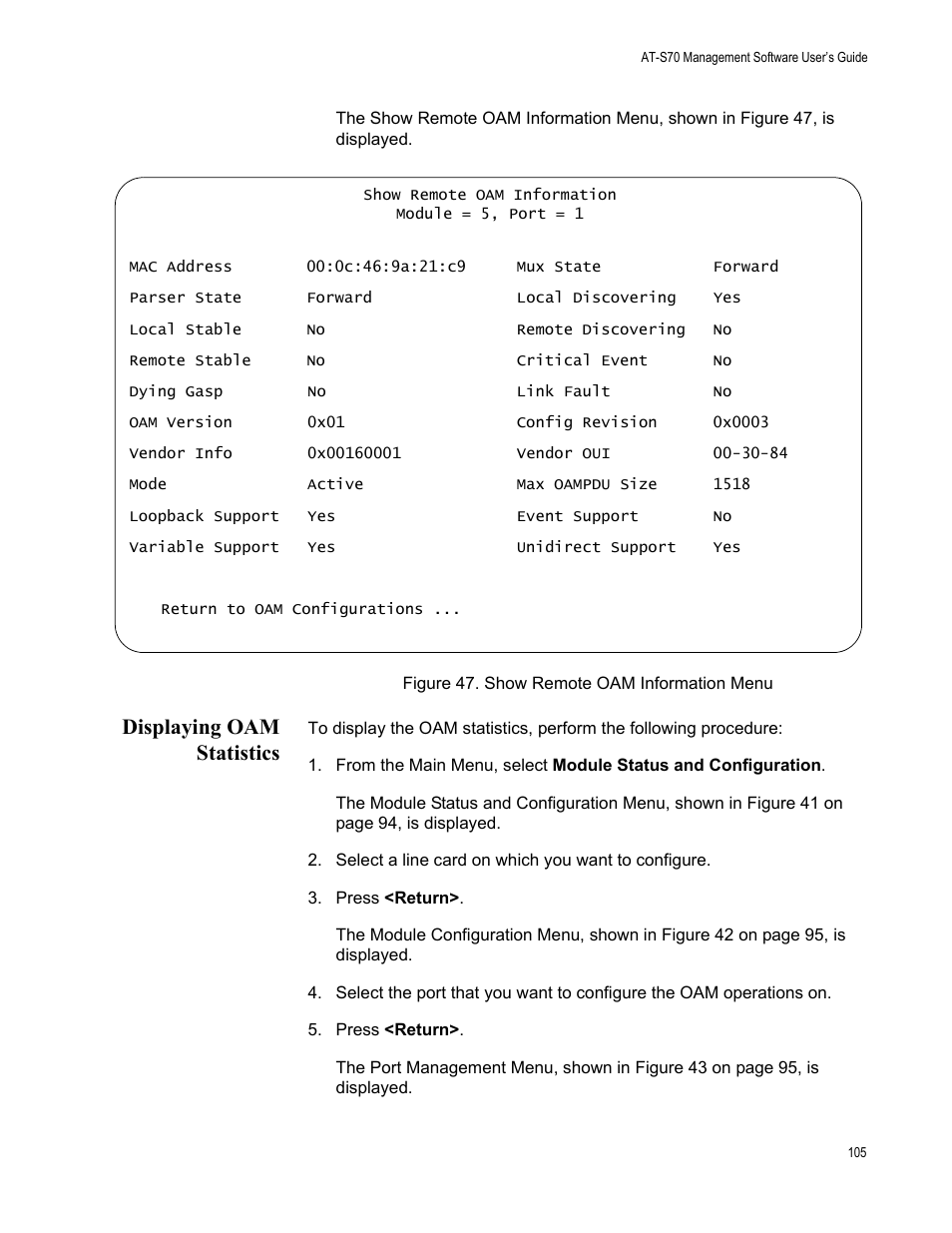 Displaying oam statistics, Figure 47. show remote oam information menu | Allied Telesis AT-S70 User Manual | Page 105 / 134