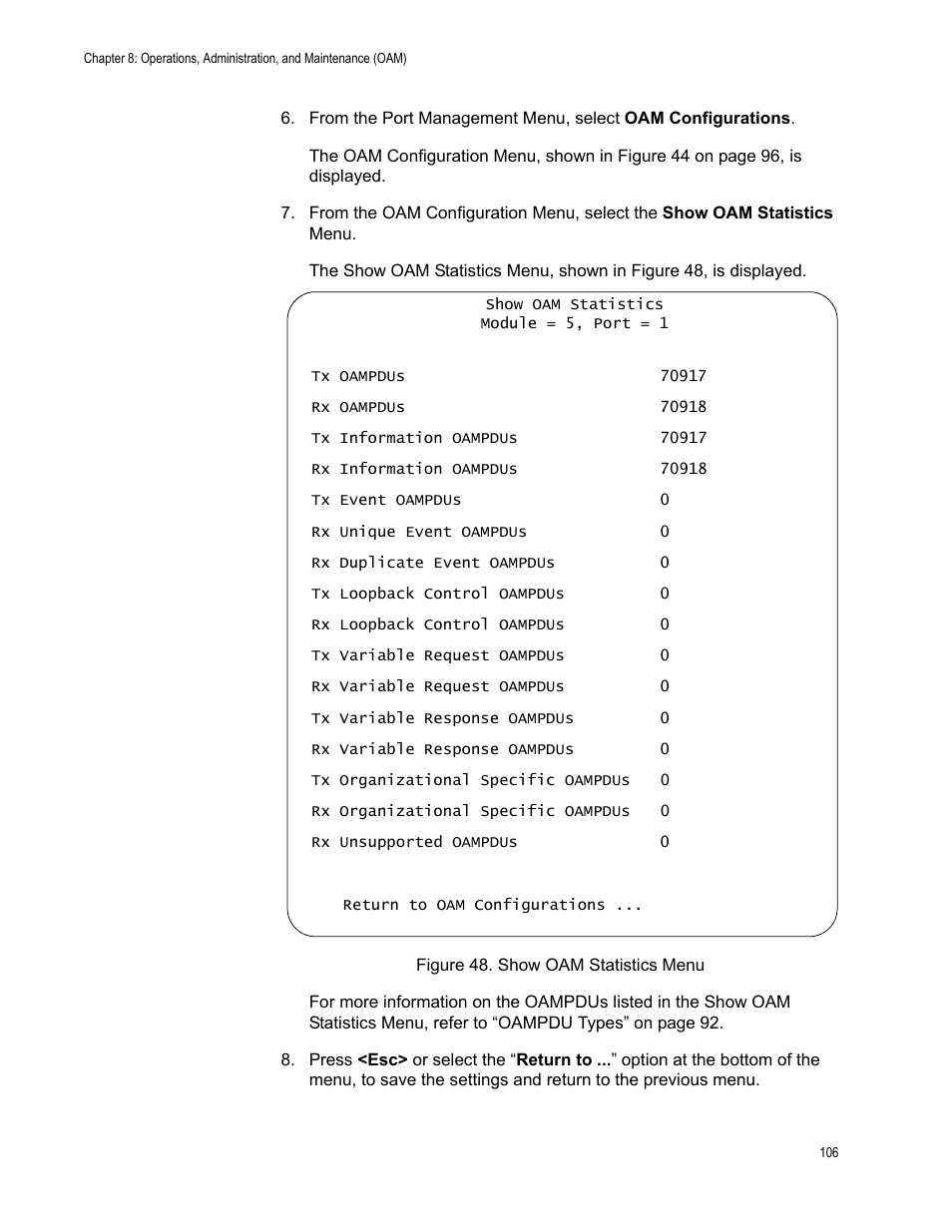 Figure 48. show oam statistics menu | Allied Telesis AT-S70 User Manual | Page 106 / 134