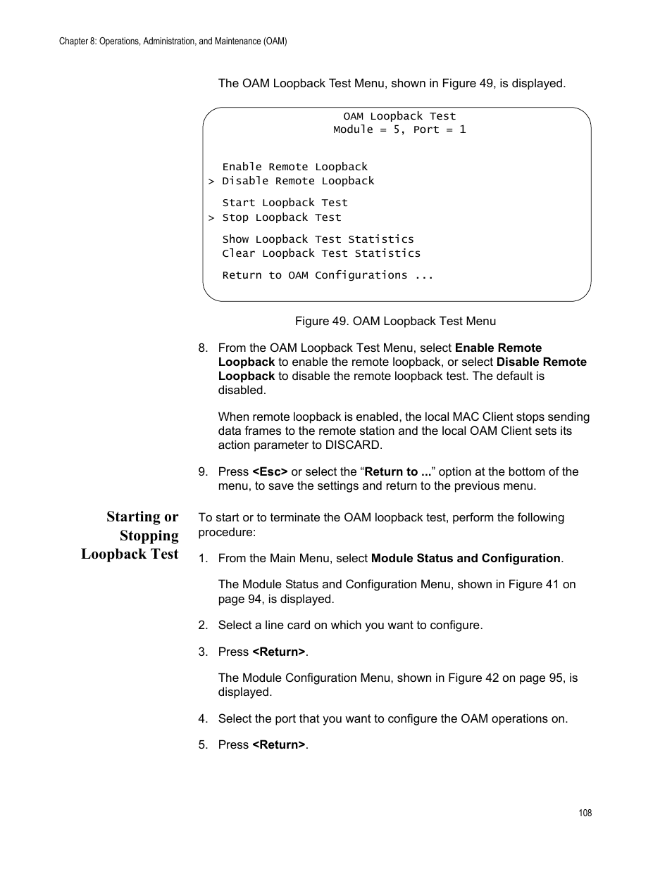 Starting or stopping loopback test, Figure 49. oam loopback test menu | Allied Telesis AT-S70 User Manual | Page 108 / 134