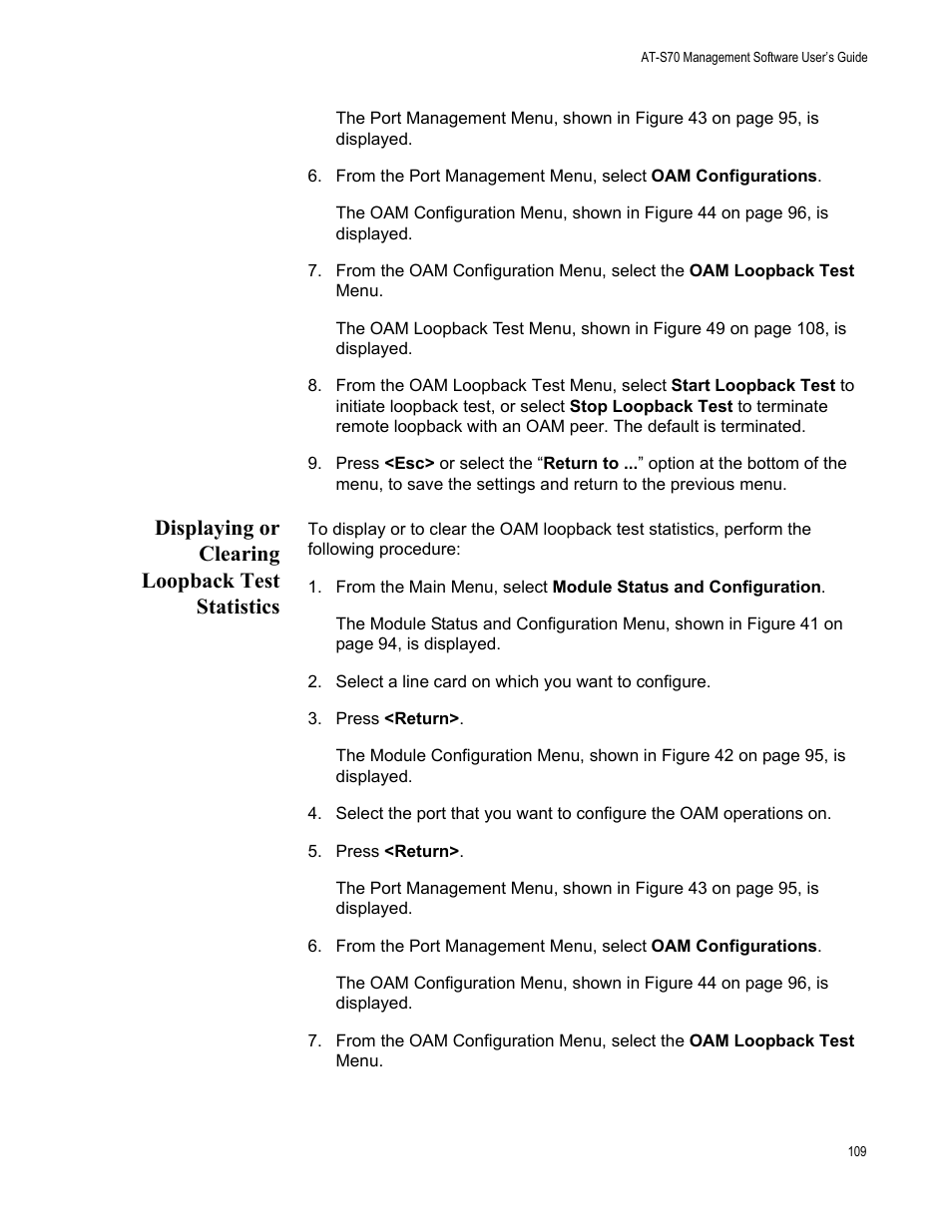 Displaying or clearing loopback test statistics | Allied Telesis AT-S70 User Manual | Page 109 / 134