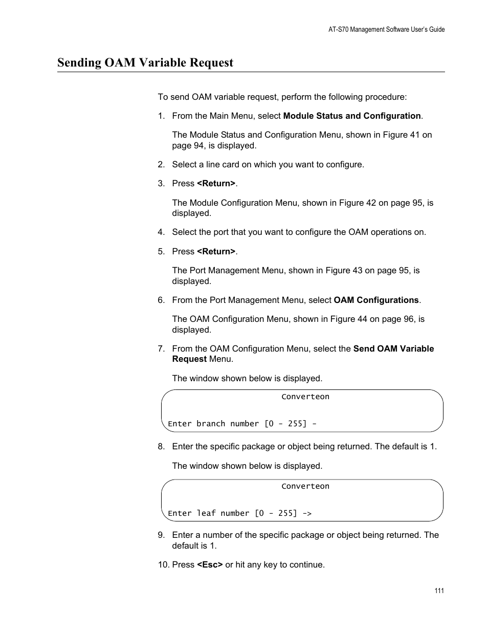 Sending oam variable request | Allied Telesis AT-S70 User Manual | Page 111 / 134