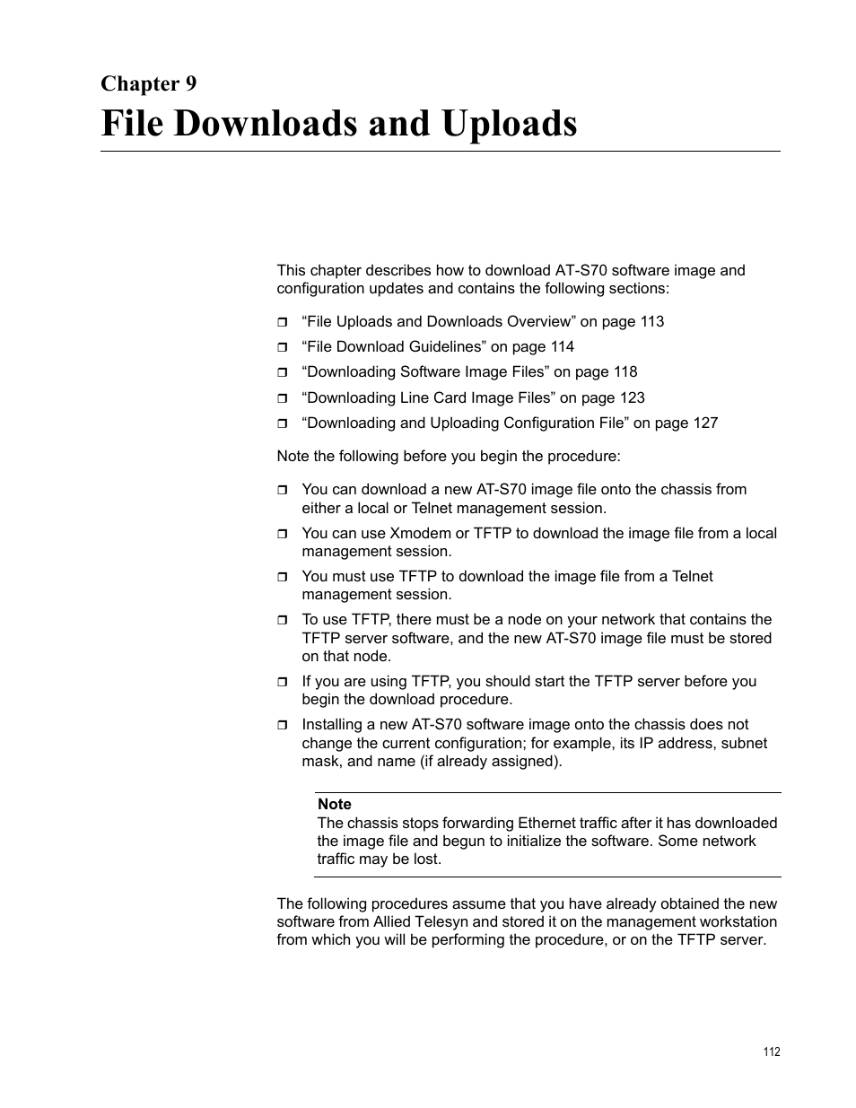 Chapter 9, File downloads and uploads | Allied Telesis AT-S70 User Manual | Page 112 / 134