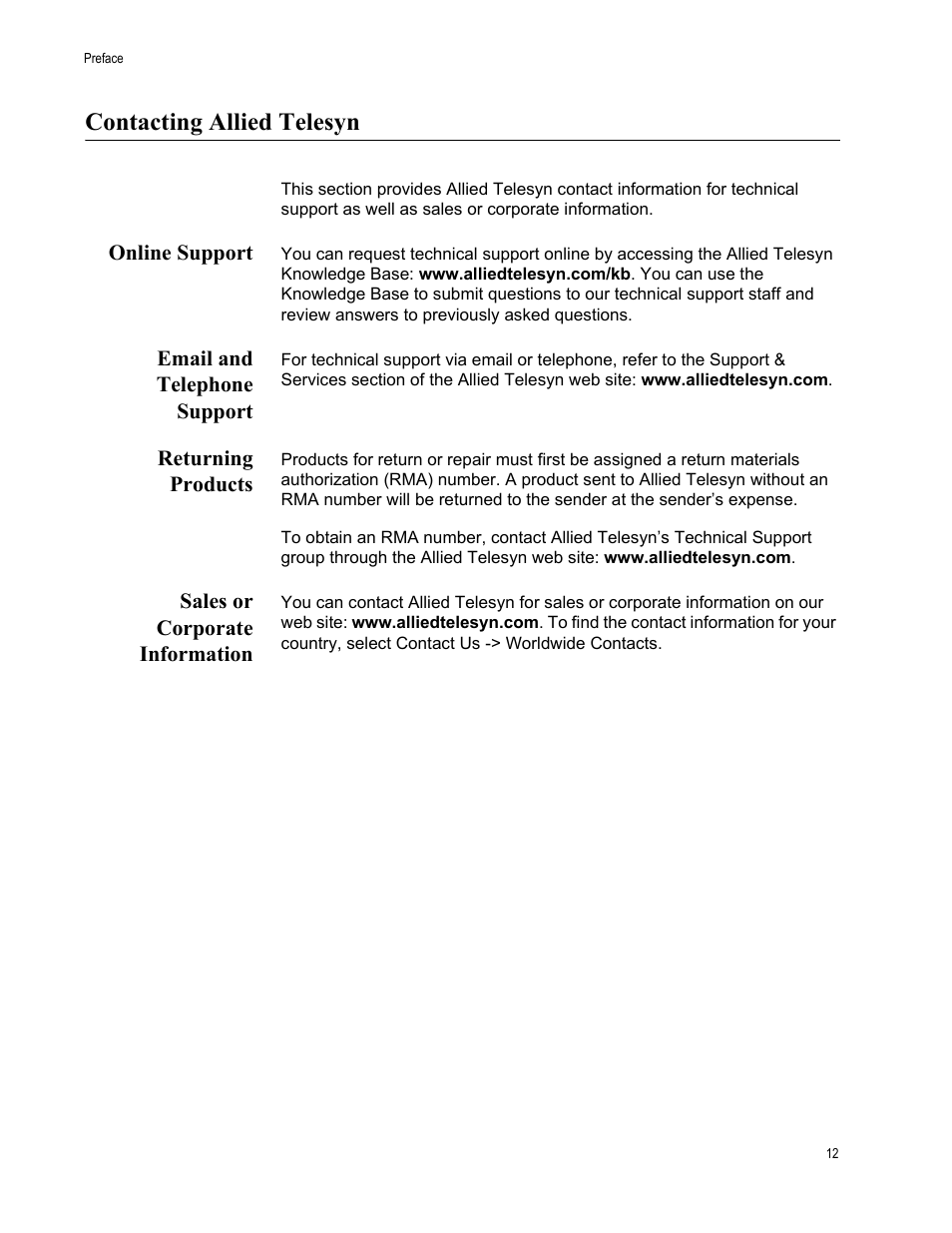 Contacting allied telesyn, Online support, Email and telephone support | Returning products, Sales or corporate information | Allied Telesis AT-S70 User Manual | Page 12 / 134
