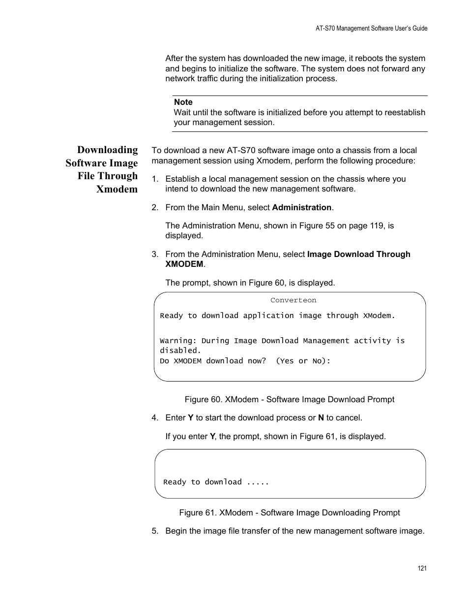 Downloading software image file through xmodem | Allied Telesis AT-S70 User Manual | Page 121 / 134