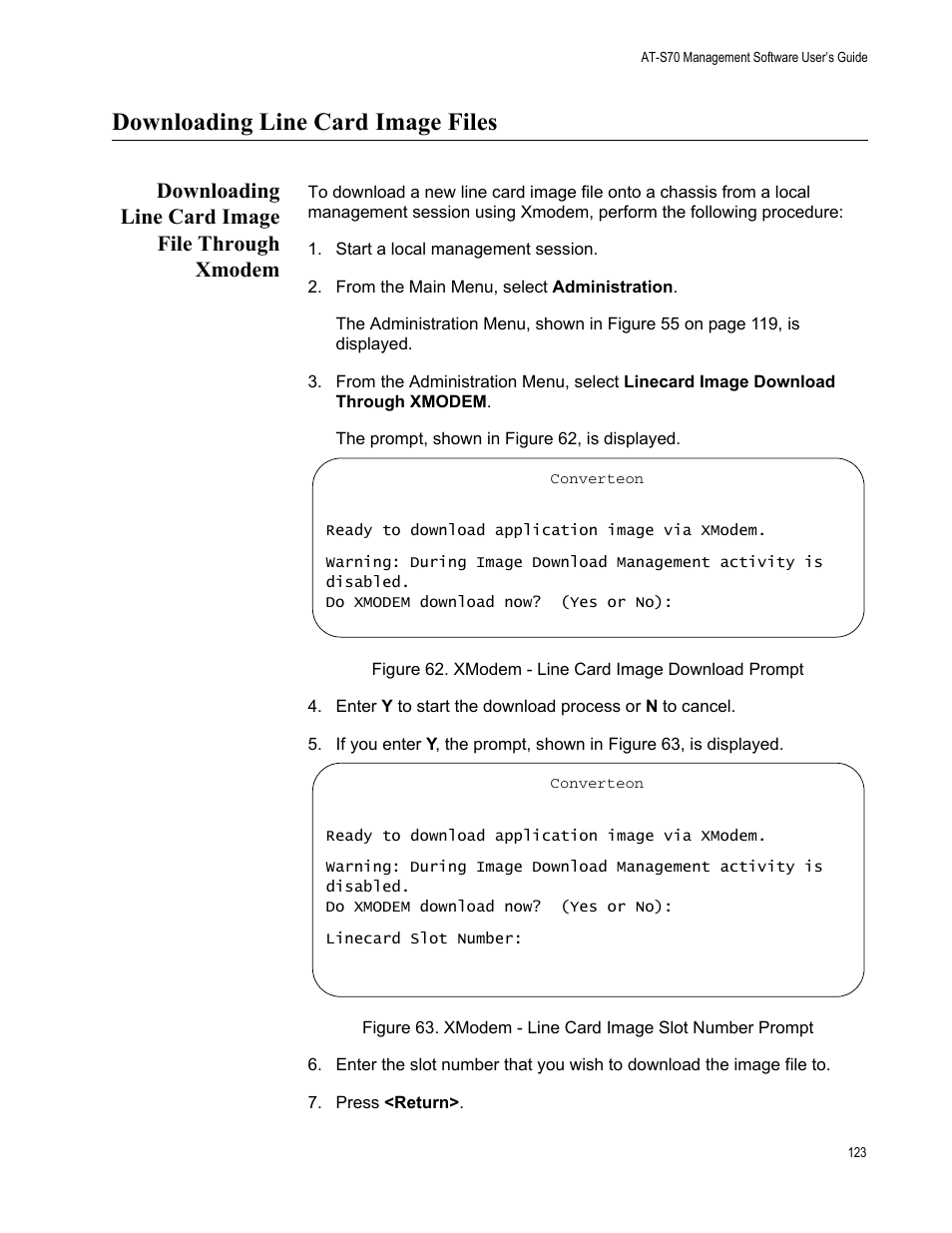 Downloading line card image files, Downloading line card image file through xmodem | Allied Telesis AT-S70 User Manual | Page 123 / 134
