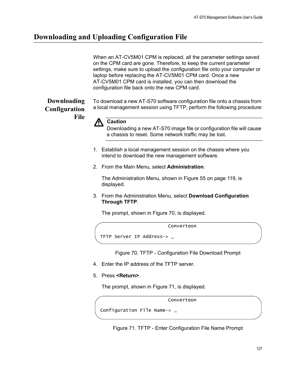 Downloading and uploading configuration file, Downloading configuration file | Allied Telesis AT-S70 User Manual | Page 127 / 134