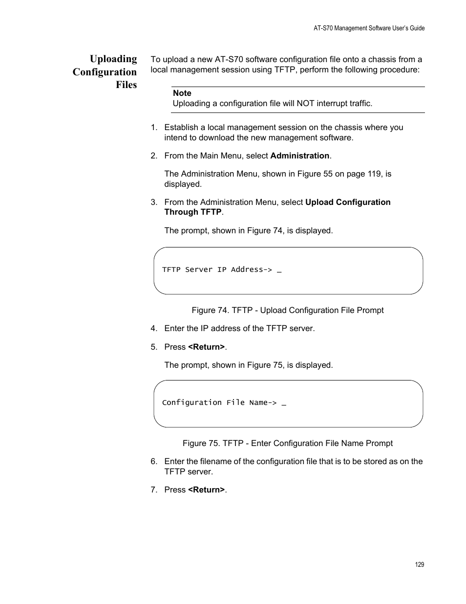 Uploading configuration files | Allied Telesis AT-S70 User Manual | Page 129 / 134