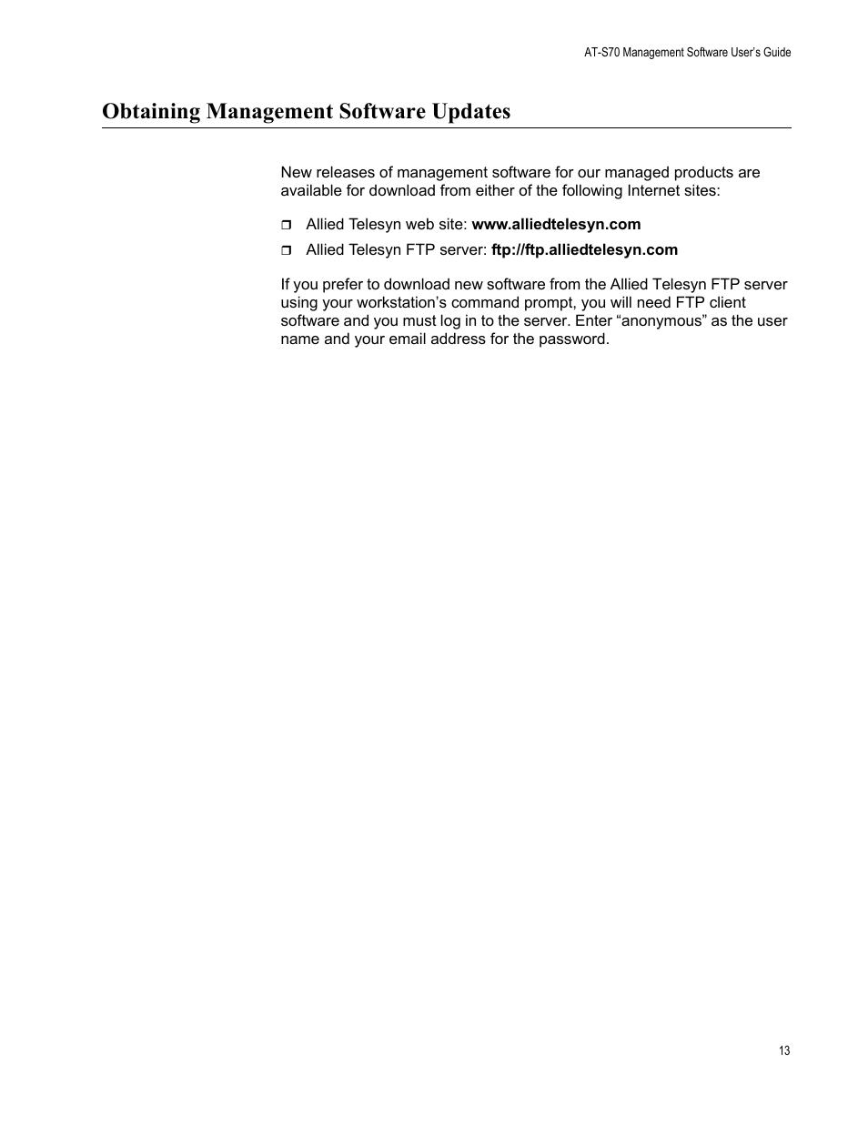 Obtaining management software updates | Allied Telesis AT-S70 User Manual | Page 13 / 134