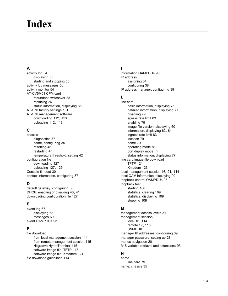 Index | Allied Telesis AT-S70 User Manual | Page 133 / 134