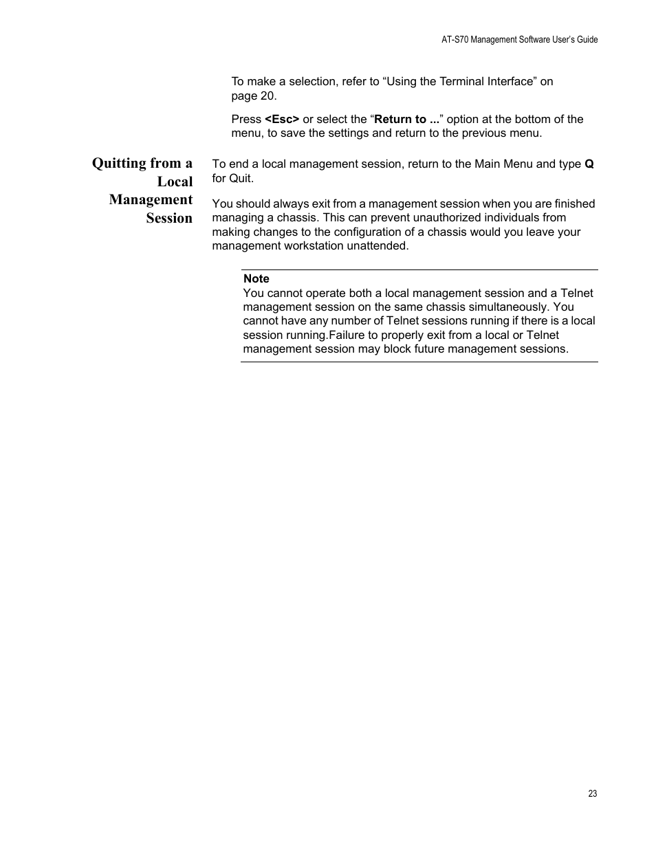 Quitting from a local management session | Allied Telesis AT-S70 User Manual | Page 23 / 134