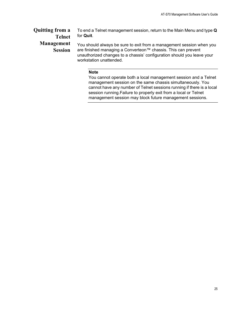 Quitting from a telnet management session | Allied Telesis AT-S70 User Manual | Page 25 / 134