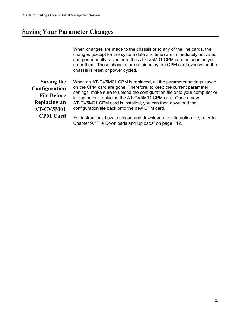 Saving your parameter changes, Saving the configuration file before replacing an, At-cv5m01 cpm card | Allied Telesis AT-S70 User Manual | Page 26 / 134