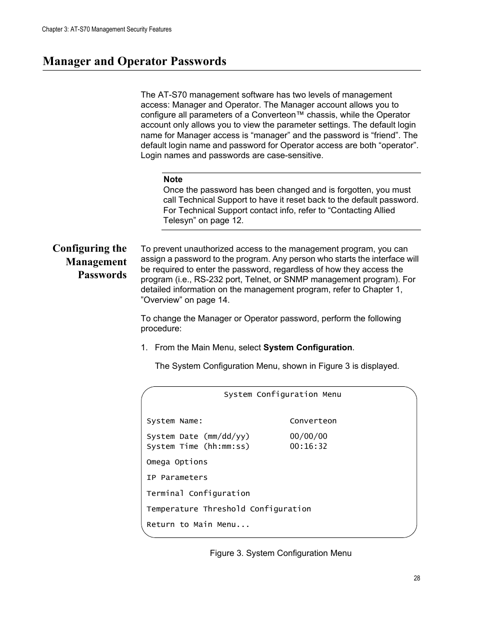 Manager and operator passwords, Configuring the management passwords, Figure 3. system configuration menu | Allied Telesis AT-S70 User Manual | Page 28 / 134