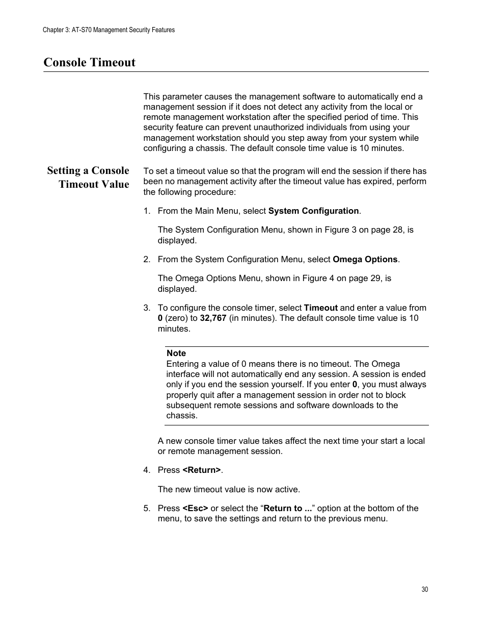 Console timeout, Setting a console timeout value | Allied Telesis AT-S70 User Manual | Page 30 / 134