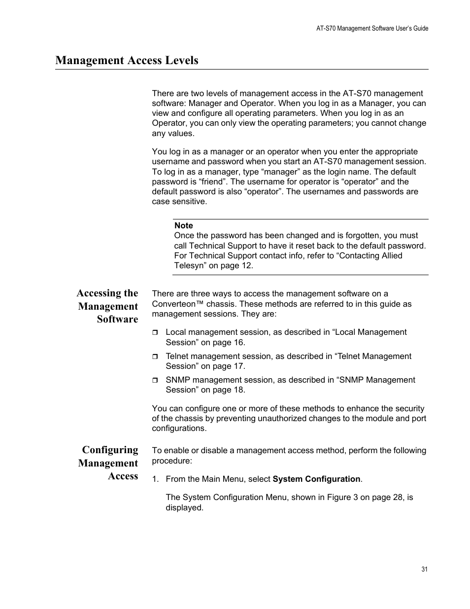 Management access levels, Accessing the management software, Configuring management access | Allied Telesis AT-S70 User Manual | Page 31 / 134