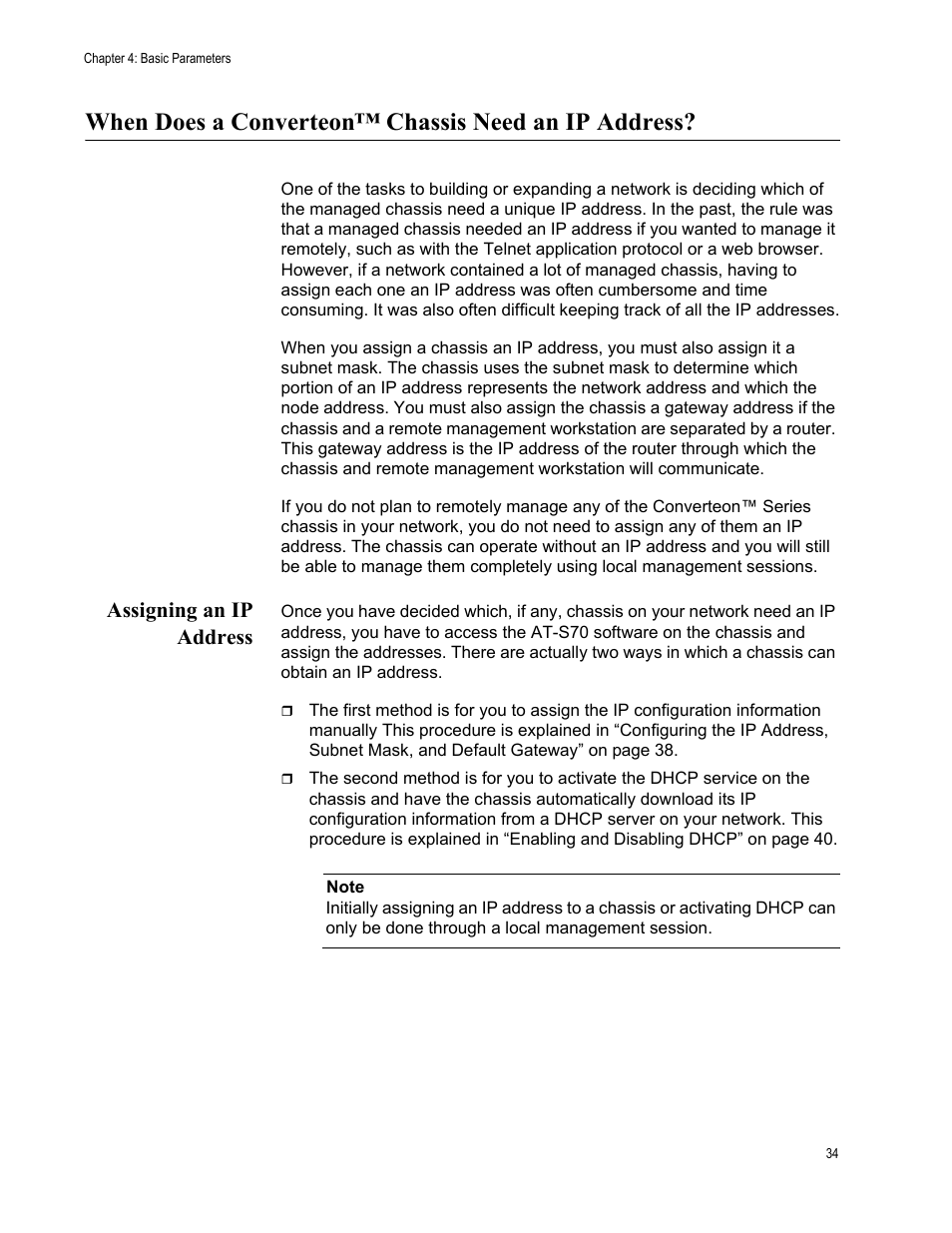 When does a converteon™ chassis need an ip address, Assigning an ip address | Allied Telesis AT-S70 User Manual | Page 34 / 134