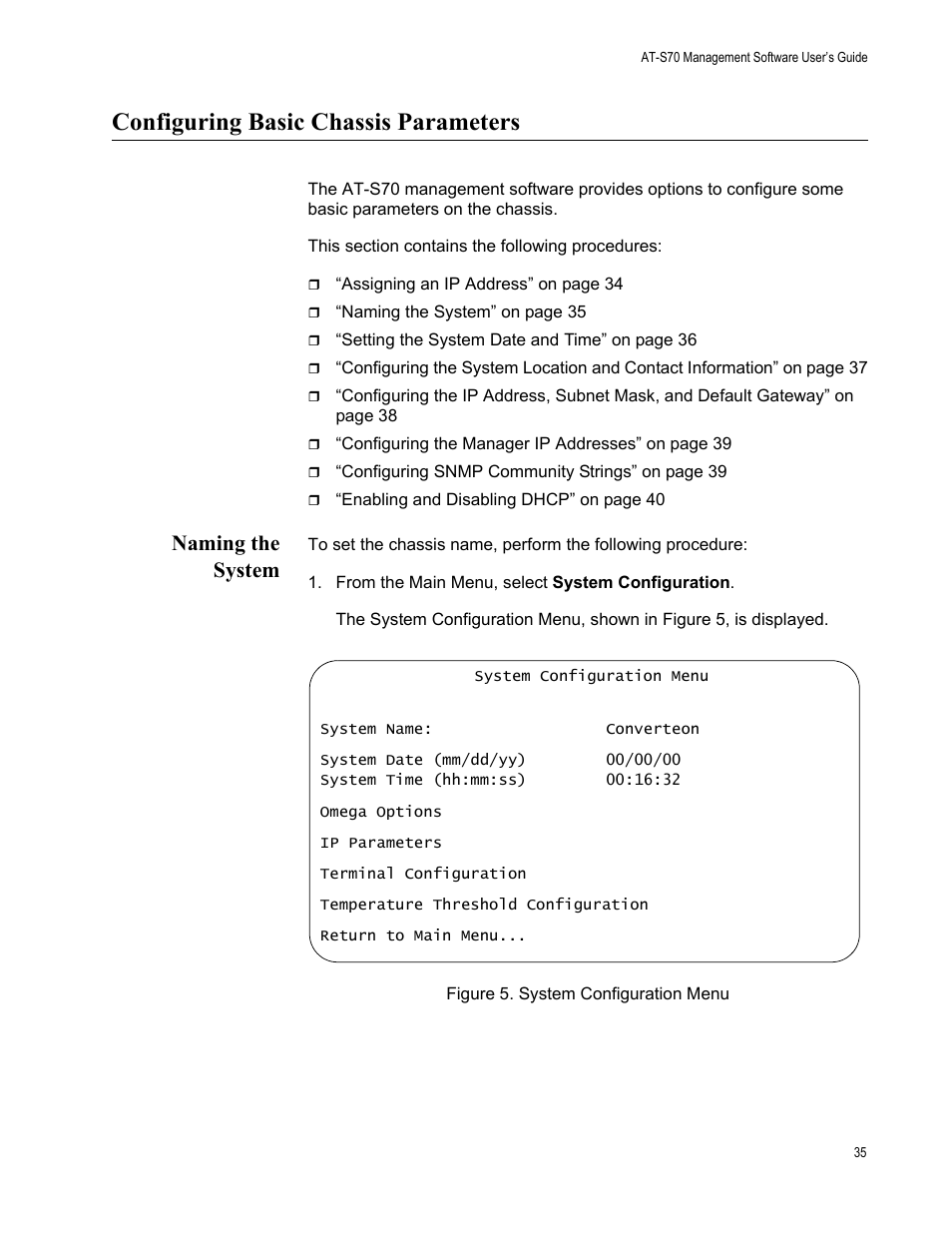 Configuring basic chassis parameters, Naming the system, Figure 5. system configuration menu | Allied Telesis AT-S70 User Manual | Page 35 / 134