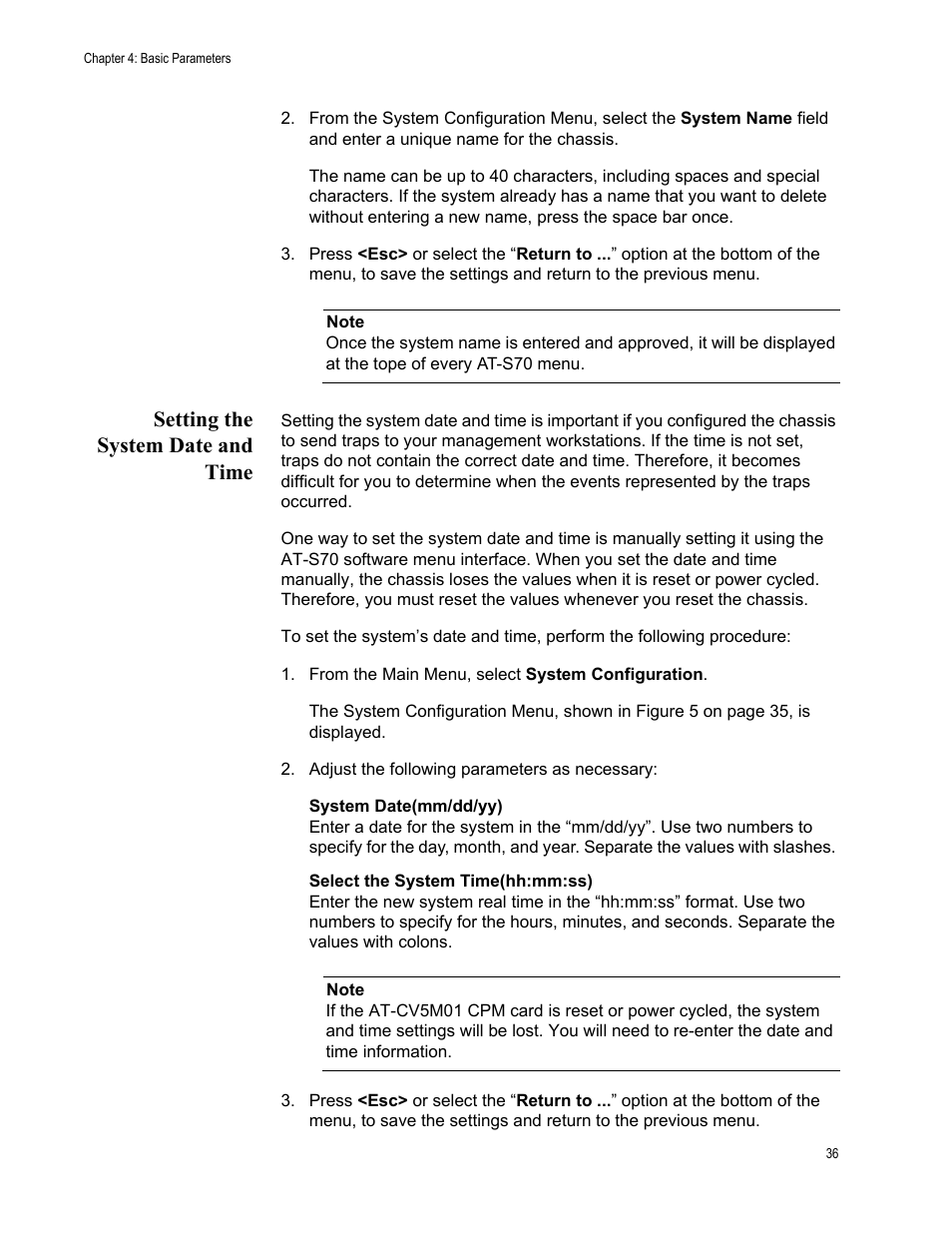 Setting the system date and time | Allied Telesis AT-S70 User Manual | Page 36 / 134