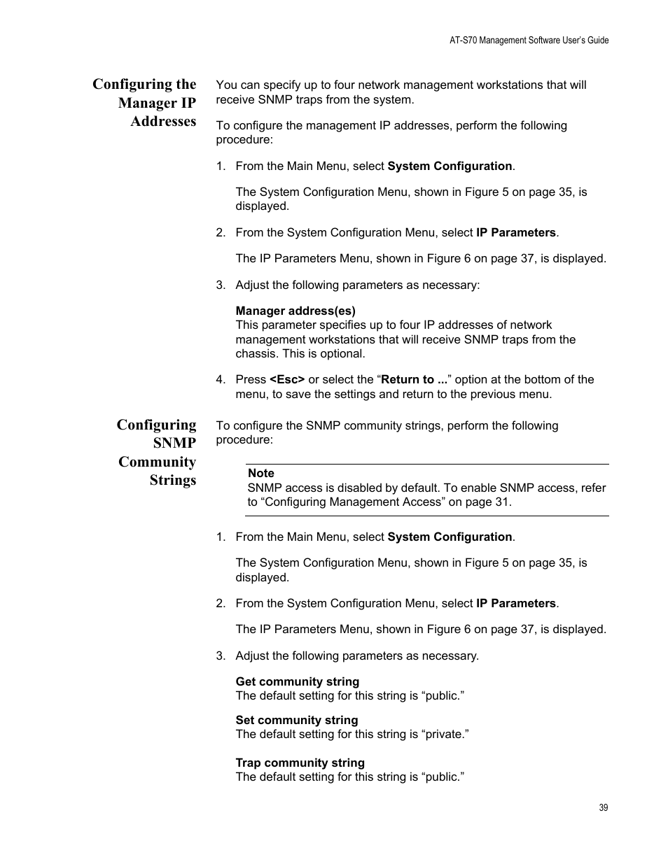 Configuring the manager ip addresses, Configuring snmp community strings | Allied Telesis AT-S70 User Manual | Page 39 / 134