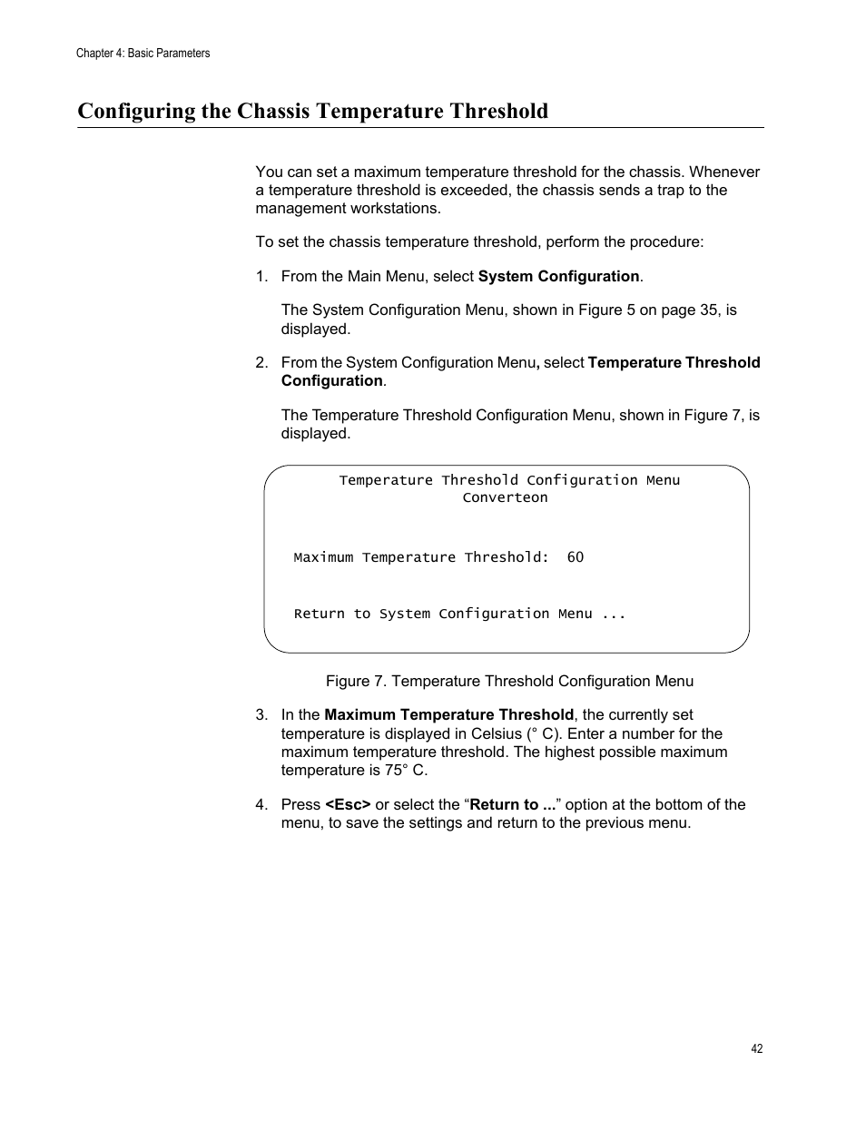 Configuring the chassis temperature threshold, Figure 7. temperature threshold configuration menu | Allied Telesis AT-S70 User Manual | Page 42 / 134