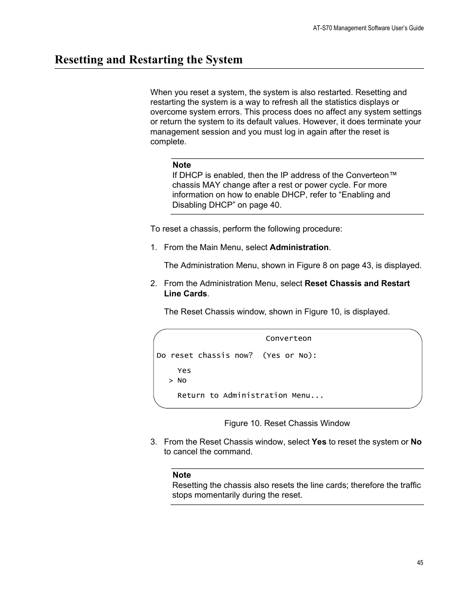 Resetting and restarting the system, Figure 10. reset chassis window | Allied Telesis AT-S70 User Manual | Page 45 / 134