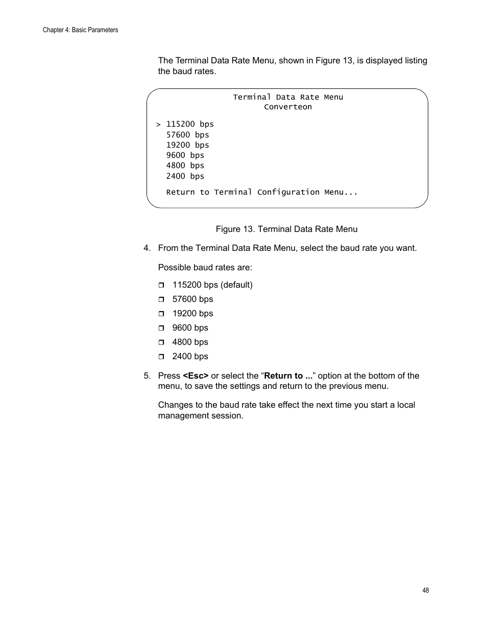 Figure 13. terminal data rate menu | Allied Telesis AT-S70 User Manual | Page 48 / 134