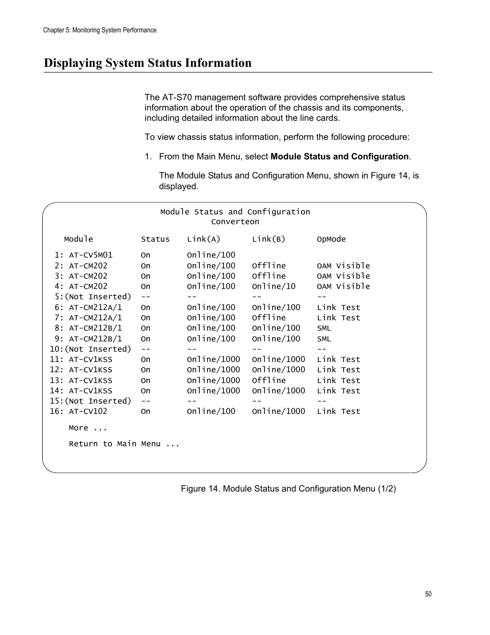 Displaying system status information | Allied Telesis AT-S70 User Manual | Page 50 / 134